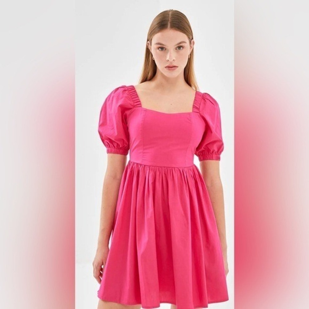 Pink Puff Sleeve Fit‎ Flare Dress XL Square Neck Mini Cottagecore Barbie EUC